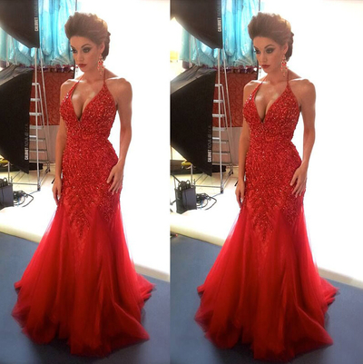 Red Prom Evening Dress With Halter Neckline pst0635