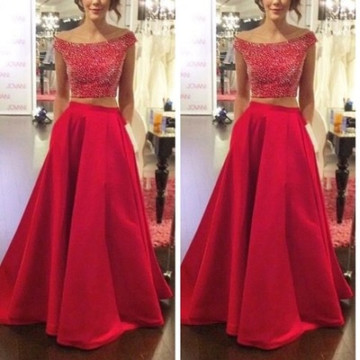 Off Shoulder Two Piece Prom Dresses Beaded Bodice A Line Skirt pst0007