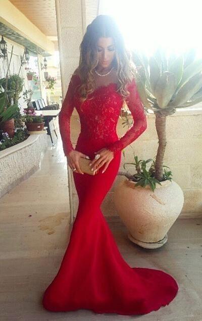 Lace Off The Shoulder evening gown With Long Sleeves Mermaid Red Prom Dress For Teens