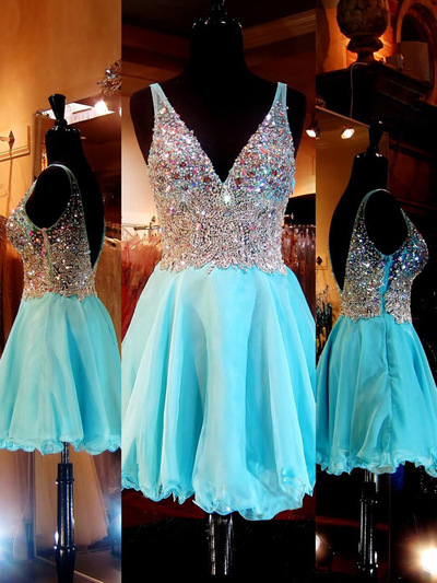 fitted prom dresses,Blue A-line V-neck Short/Mini Chiffon Homecoming Dresses Cocktail Dresses 1494