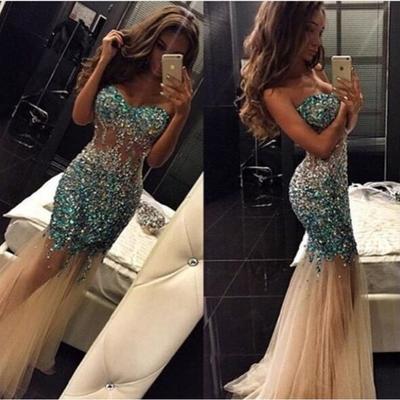 Gorgeous Unique sweetheart neck tulle sequin beading long prom dress,evening dresses