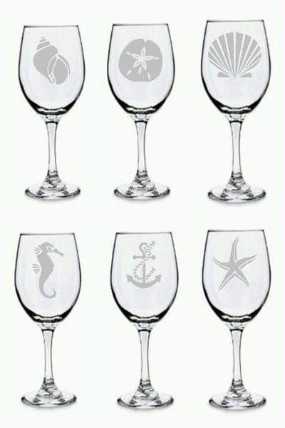 Etched Beach Theme Wine Glass