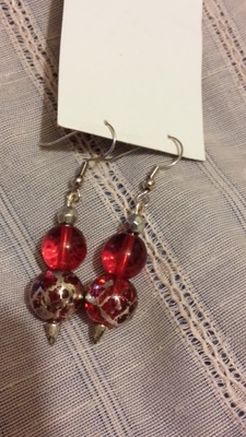 silver splatter paint red glass pointed beads earrings