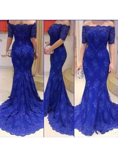 Royal Blue Lace Prom Dress Evening Gown With Half Sleeves pst0603