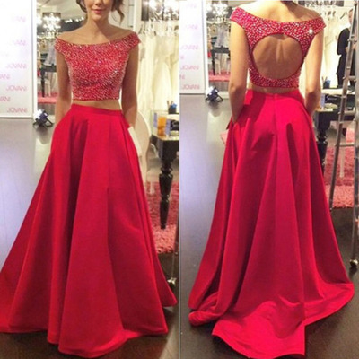 Two Pieces Open Back Red Satin Detachable Skirt Prom Dresses,Beading Evening Dress,Sexy Prom Dress