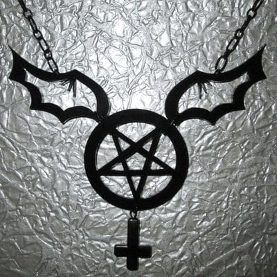 Black inverted acrylic pentagram necklace with bat wings and inverted cross - Thumbnail 4