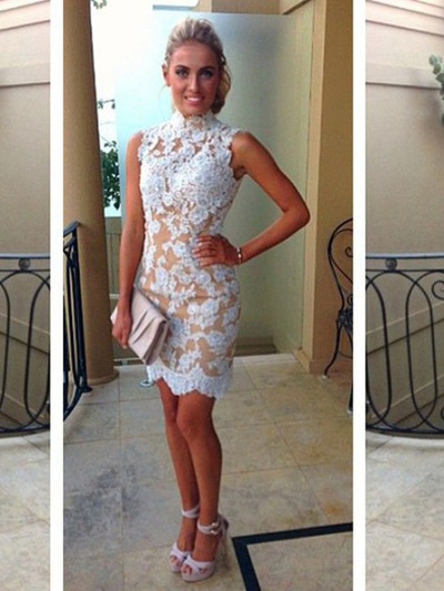 ivory prom dresses,Ivory Sheath Column High Neck Short/Mini Tulle Homecoming Dresses Cocktail Dresses 1440