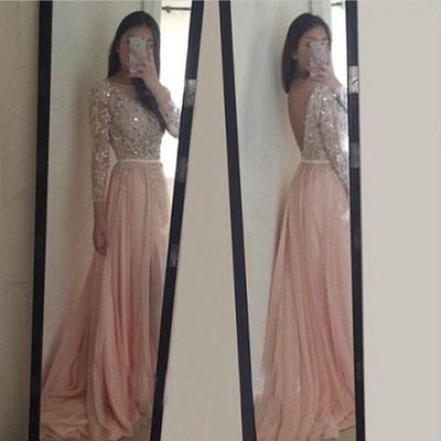Pretty Handmade Backless 3/4 Sleeve Pink Applique Long Prom Dresses 2016, Pink Formal Dress