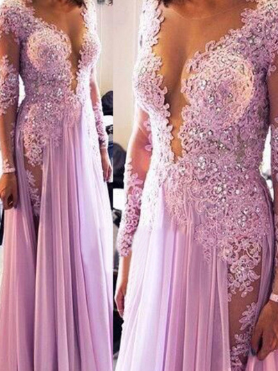 sexy prom dresses,Lilac A-line V-neck Floor-length Chiffon Prom Dresses Evening Dresses 8760