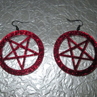 Large Red Acrylic Pentagram Earrings - Thumbnail 1