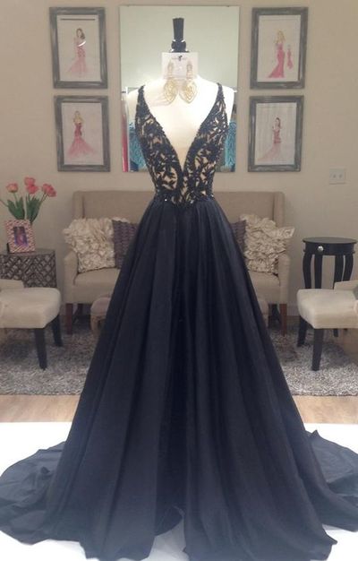 black prom dress,elegant prom dress, A-line prom dress, v-neck prom dress gown, party dress