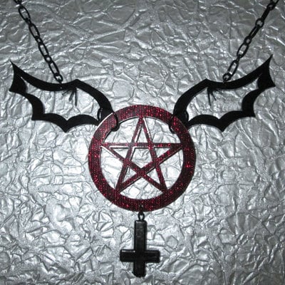 Red and black acrylic pentagram necklace with bat wings and inverted cross - Thumbnail 3