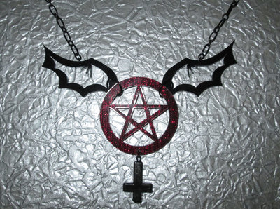 Red and Black Acrylic Pentagram Necklace with Bat Wings and Inverted Cross