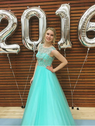 fitted prom dresses,Light Green A-line Scoop Floor-length Tulle Prom Dresses Evening Dresses 8819