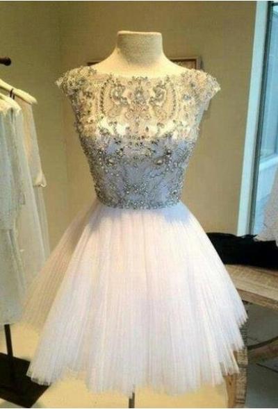 Short Prom Dress,2016 A-line White Tulle Jewel Cocktail Dress,Cute Homecoming Dress