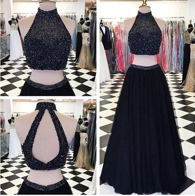 Black long prom dresses,A-line halter two pieces long prom dresses,Sexy evening dress