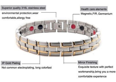 Healing Magnetic Bracelet Men/Woman 316L Stainless Steel 3 Health Care Elements(Magnetic,FIR,Germanium) Gold Bracelet