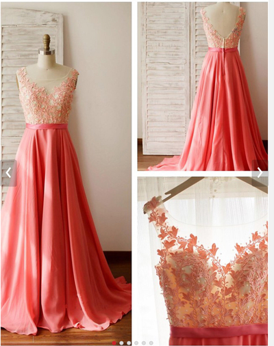 A-line Lace Appliqued Bodice Coral Chiffon Skirt 2016 Prom Dress,Long Formal Dress,Unique prom dress