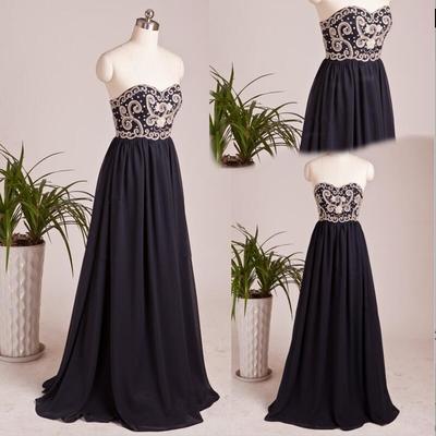 Elegant A-Line Sweetheart Floor Length Empire Chiffon Black Evening/Prom Dress with Appliques,cheap prom dress
