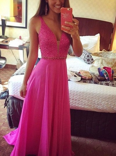 Chiffon Prom dress,sexy prom gown,v-neck prom dress,Beading Fuchsia Empire Evening formal dress