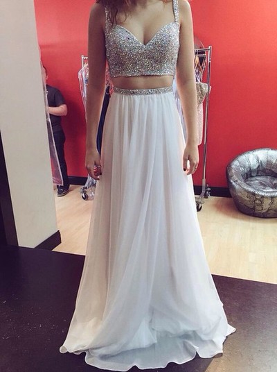2016 Sexy Two-pieces Sequins Sweetheart Prom Dress-A-line Spaghetti Floor-length Chiffon prom Dress