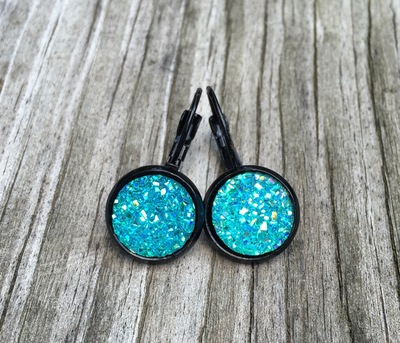 12mm Aqua Drop Earrrings with Black Setting