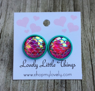 12mm Hot Pink/Red Mermaid Studs with Teal Setting