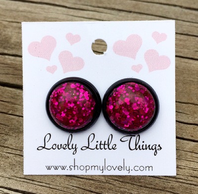 12mm Hot Pink Glitter Studs with Black Setting