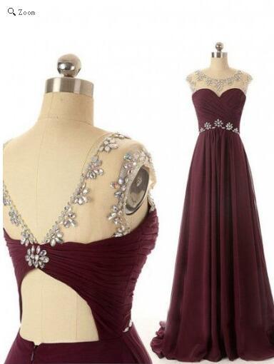 Wine Red Scoop Sweep Train Open-back Chiffon Long Prom Dress Evening Gowns