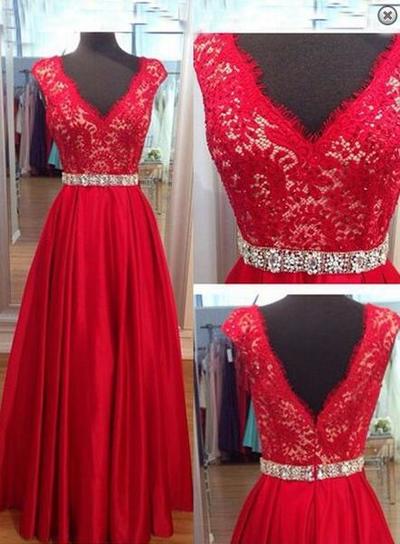 Love Elegant Lace V-neck Long Red Prom Dresses,lace Evening dresses,Formal Dresses
