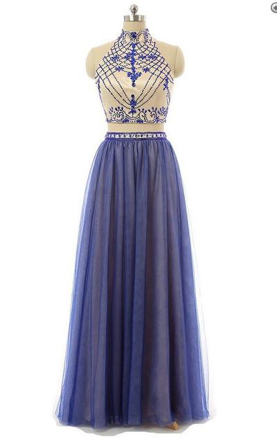 Sexy Two pieces A-line High Neck Tulle Backless Long Blue Prom Dress,Evening Gowns,Party dresses