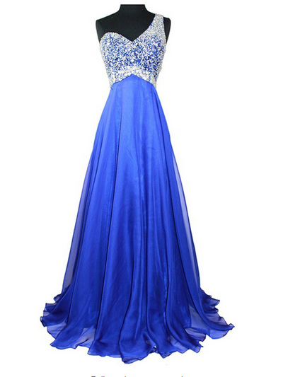 fitted prom dresses,Royal Blue A-line One Shoulder Floor-length Chiffon Evening Dress Prom Dresses 9698