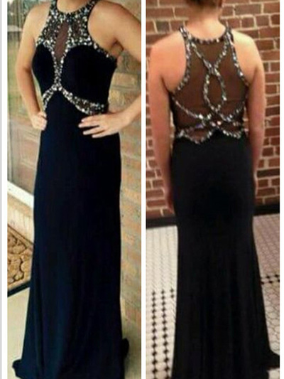 tight prom dresses,Black Sheath Column Scoop Floor-length Chiffon Evening Dress Prom Dresses 9803