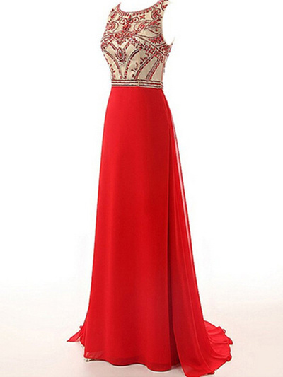 red prom dresses,Red A-line Scoop Floor-length Chiffon Evening Dress Prom Dresses 9836