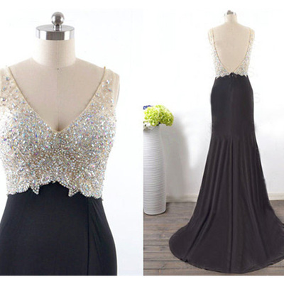 black prom dresses,Black Trumpet Mermaid V-neck Sweep Brush Train Chiffon Evening Dress Prom Dresses 9865
