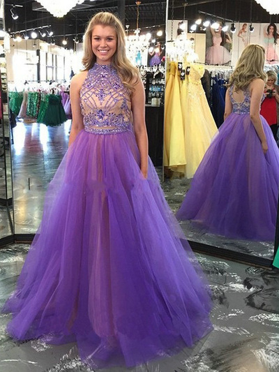 modest prom dresses for teens,Lilac A-line High Neck Floor-length Tulle Evening Dress Prom Dresses 9884