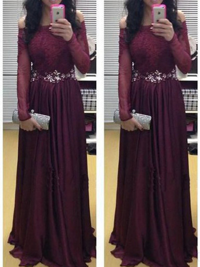 prom dresses with sleeves,Grape A-line Off-the-shoulder Floor-length Chiffon Evening Dress Prom Dresses 9896