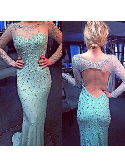 prom dresses with sleeves,Trumpet Mermaid Scoop Sweep Brush Train Chiffon Evening Dress Prom Dresses 9954