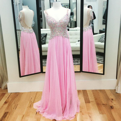 pink prom dresses,Pink A-line Straps Floor-length Chiffon Evening Dress Prom Dresses 9956
