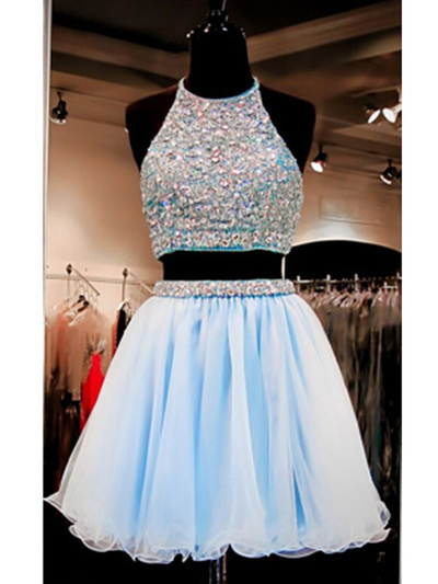 two piece short prom dresses,Light Sky Blue A-line Halter Short Mini Chiffon Homecoming Dresses Short Prom Dresses 9648
