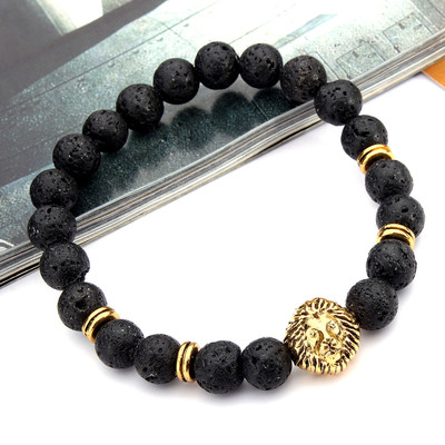 Men's Antique Black Lava Stone Gold Lion Head Bracelet