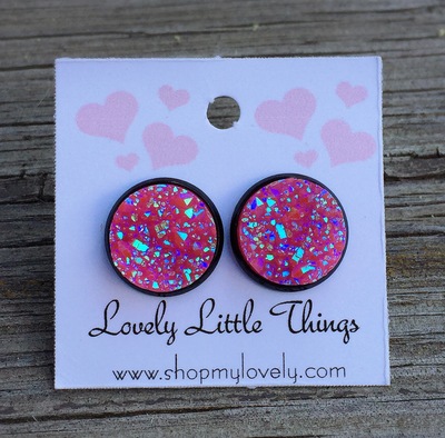 12mm Iridescent Hot Pink Studs with Black Setting