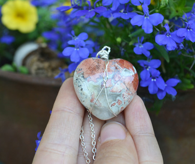 Jasper Heart Necklace, Heart Stone, Healing Stones, Wire Wrapped Crystals, Long Chain and Stone, Canadian Shop