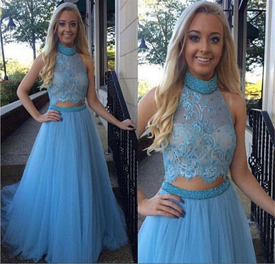 blue Prom Dress, long Prom Dress, two pieces Prom Dress, high neck Prom Dress, party dress, BD1373