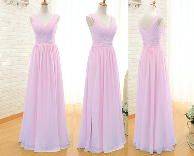 long bridesmaid dress, v-neck bridesmaid dress, pink bridesmaid dress, chiffon bridesmaid dress,BD1068