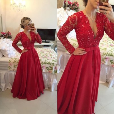 Prom Dress Deep V Neckline with Sleeves Evening Party Gown pst0541