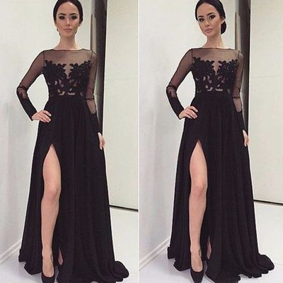 long Prom Dress, black Prom Dress,side slit Prom Dress, long sleeves Prom Dress, evening Dress, BD1391