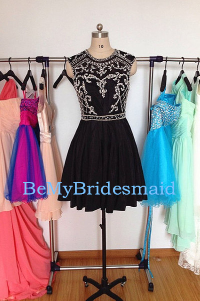 Lovely Black Chiffon Handmade Sweetheart Beaded Prom Dresses, Homecoming Dresses 2016, Party Dresses