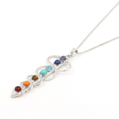 Natural Stones 7 Chakra Charm Pendant Necklace Yoga Symbol Inlaid Gem Stones