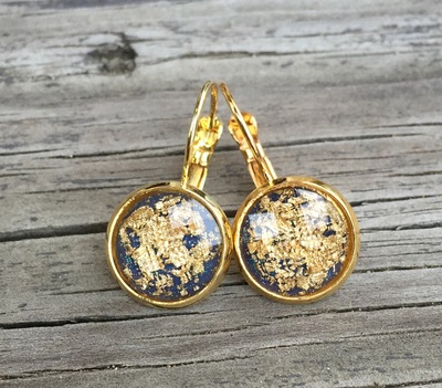 12mm Pale Blue & Gold Foil Drop Earrings with Gold Setting